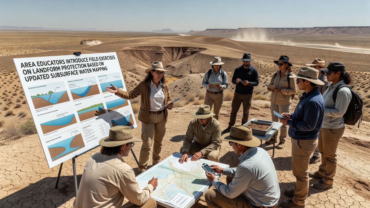 Students using updated subsurface water maps during field exercises to assess landform stability in elevated dryland areas