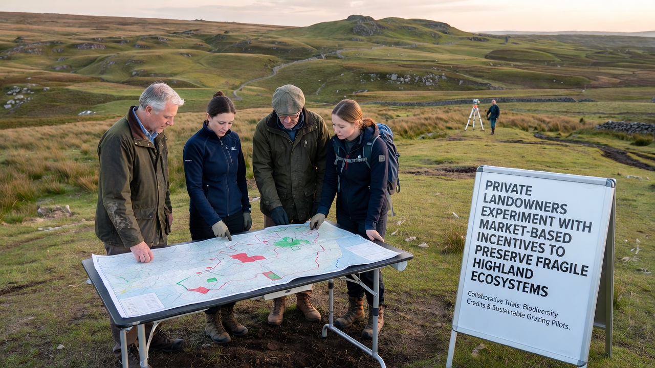 Close-up of highland meadow with marked conservation plots, soil sensors, and native species restoration underway on private property