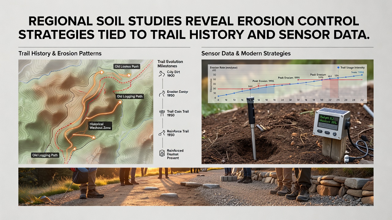 Close-up of soil sensor installation along a monitored trail with data logging equipment